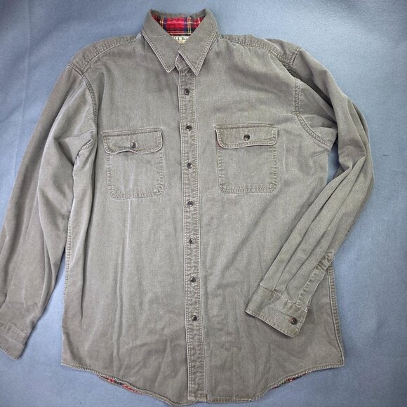 Vintage LL Bean Flannel Lined Shirt Mens Large Olive Green Heavyweight 90s USA - Picture 1 of 14